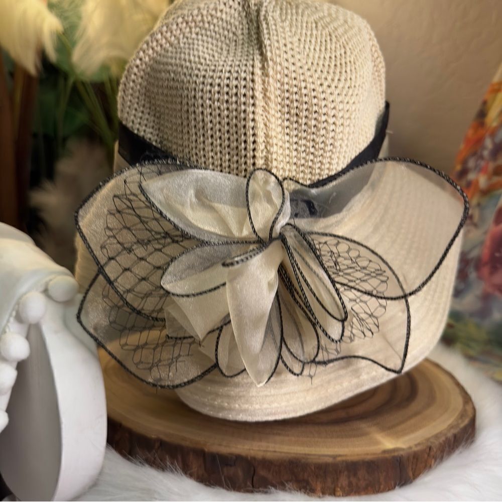 Yayilu vintage inspired short brim floppy hat w/back ribbon / flower